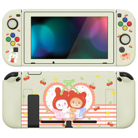 PlayVital ZealProtect Soft Protective Case for Nintendo Switch, Flexible Cover Protector for Nintendo Switch with Tempered Glass Screen Protector & Thumb Grip Caps & ABXY Direction Button Caps - Cherry Bunny & Cherry Bear - RNSYV6030