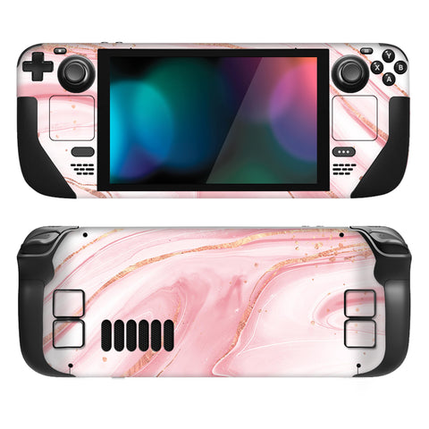PlayVital Full Set Protective Skin Decal for Steam Deck, Custom Stickers Vinyl Cover for Steam Deck Handheld Gaming PC - Pink Gold Marble - SDTM031