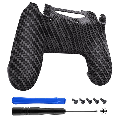 eXtremeRate Black Silver Carbon Fiber Bottom Shell, Soft Touch Back Housing Case Cover, Game Improvement Replacement Parts for PS4 Slim Pro Controller JDM-040 JDM-050 JDM-055 - SP4BS03
