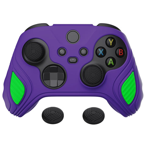 PlayVital Scorpion Edition Two-Tone Anti-Slip Silicone Case Cover for Xbox Series X/S Controller, Soft Rubber Case for Xbox Core Controller with Thumb Grip Caps - Neon Genesis Purple & Green - SPX3012
