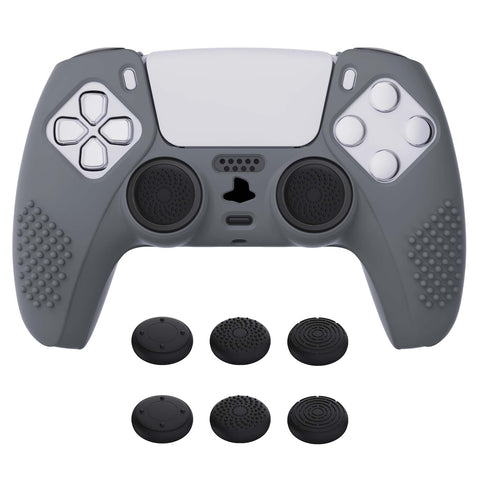 PlayVital Gray 3D Studded Edition Anti-slip Silicone Cover Skin for 5 Controller, Soft Rubber Case Protector for PS5 Wireless Controller with 6 Black Thumb Grip Caps - TDPF006