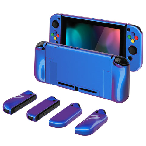 PlayVital AlterGrips Glossy Dockable Protective Case Ergonomic Grip Cover for Nintendo Switch, Interchangeable Joycon Cover w/Screen Protector & Thumb Grip Caps & Button Caps - Chameleon Purple Blue - TNSYP3001