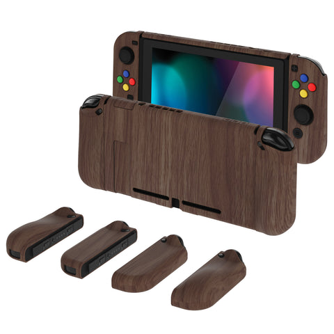 PlayVital AlterGrips Dockable Protective Case Ergonomic Grip Cover for Nintendo Switch, Interchangeable Joycon Cover w/Screen Protector & Thumb Grip Caps & Button Caps - Wood Grain - TNSYS2001