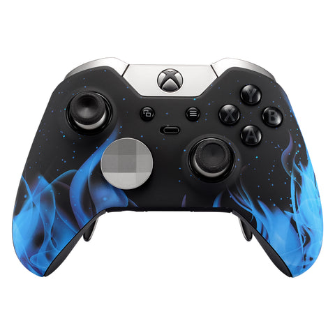 eXtremeRate Blue Flame Fire Faceplate Cover Soft Touch Front Shell Case Comfortable Soft Grip Replacement Kit for Xbox One Elite Controller Model 1698 - XOET009