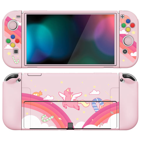 PlayVital ZealProtect Soft Protective Case for Nintendo Switch OLED, Flexible Protector Joycon Grip Cover for Nintendo Switch OLED with Thumb Grip Caps & ABXY Direction Button Caps - Candy Rainbow Unicorn - XSOYV6007